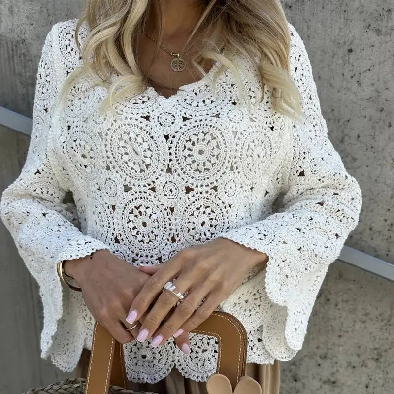 New Boho Style Crochet Hollow Out Blouse Women Elegant O Neck Jacquard Knitted Top Pullover Autumn Long Sleeve Loose Shirt Mujer