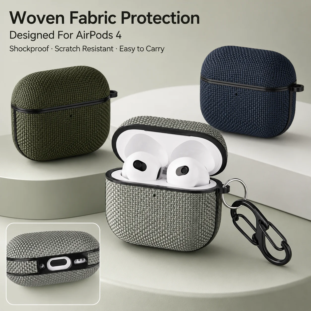 Fabric Cloth Case For AirPods 4 4th Shockproof Wireless Earbuds Protective Cover Textured Shell With Carabiner Hook Accessories