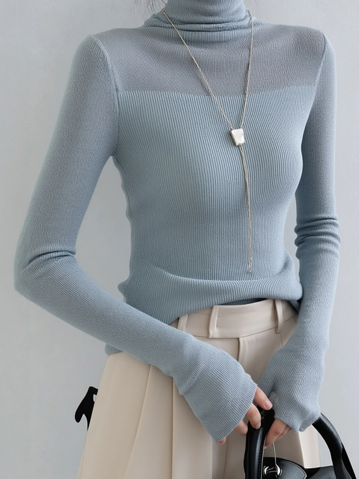 

Faionable High Ne Long Sve Base irt Inner Wear Women's Top Sli Design Knitted Sweater Commute Korean Sle Slim Fit
