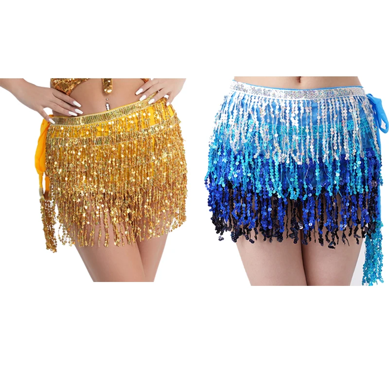 New Sexy Belly Dance Layer Skirt Sequins Chain Tassel Belts Clubwear Latin Hula Dance Practice Dress Performance Hip Waist Scarf