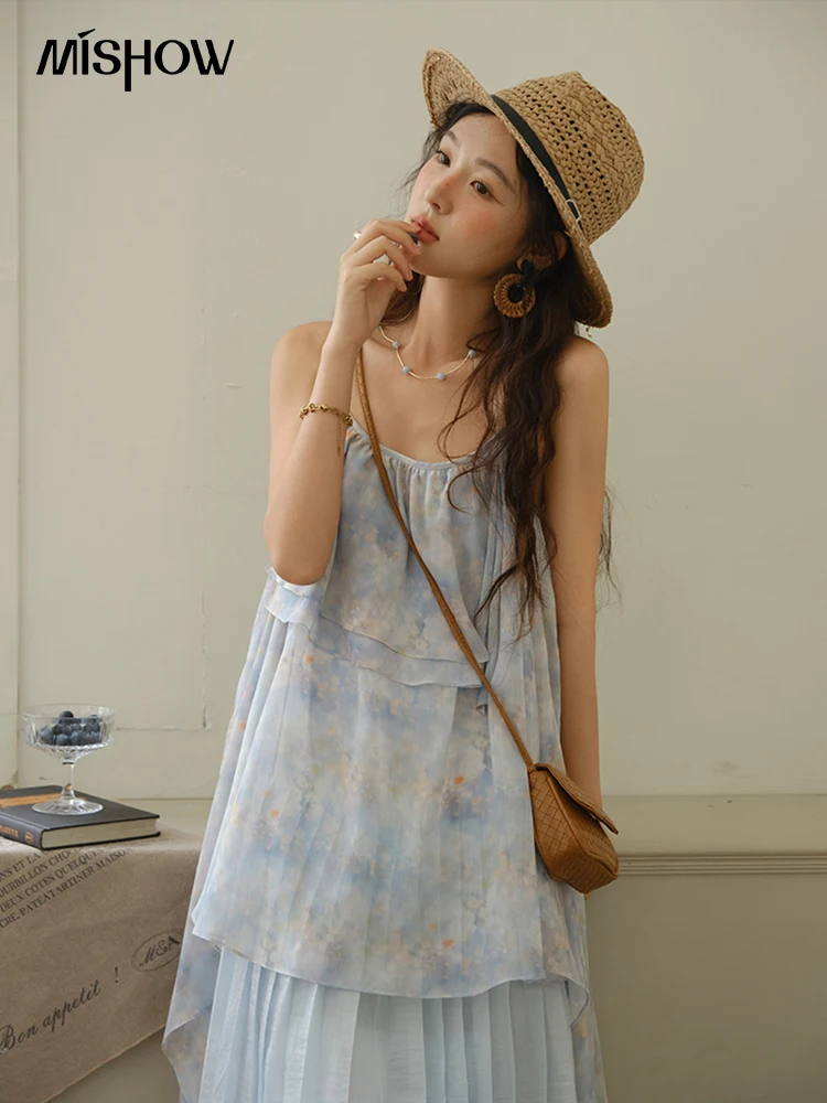 Mishow moda impressão cinta vestido para mulher 2025 verão nova multi camada plissado borda emenda sem mangas midi vestidos mxe35l2233