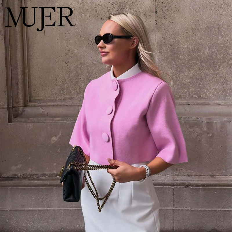 MUJER Knopf-Strick-Crop-Top Damen Sommer Strickwaren Polo Kurze Strickjacke Damen Weitarm-Strickpullover für Frauen Modische Oberteile