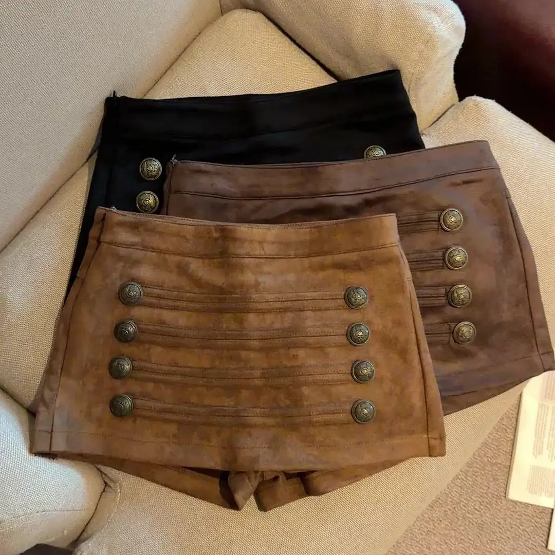 Retro Spice Girl Button Skort Women Metal Buckle Design High Waist Skinny A-Word Skirts