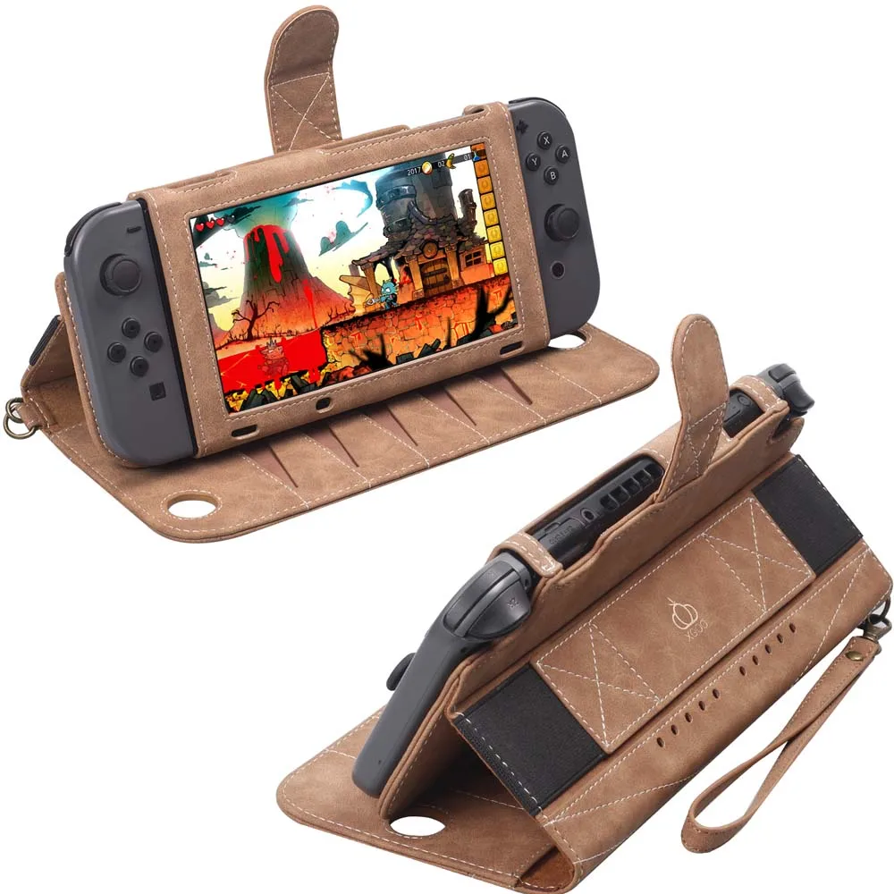 Étui en cuir PU à fentes multi-cartes pour Nintendo Switch, étui Oled avec support de couverture, pochette de protection, sac à main avec corde de bracelet