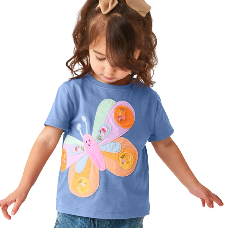 Springen Meter 2-7T Meisjes T-shirts Zomer Kinderkleding Korte Mouw Kids Tees Tops Baby vlinder Applique Shirts