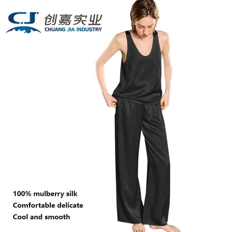 

100% Mulberry Silk Women's Suit Black Vest and Trousers 2 Pieces Silk Casual Clothing Loose Size Soft Smooth Cool Breathable