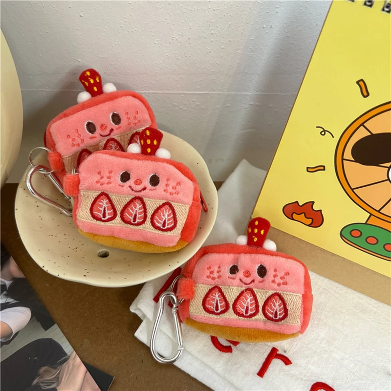 Aardbei Cake Kawaii Oortelefoon Etui Pluche Cartoon Schattige Portemonnee Met Rits Opbergtas Borduurzakje Sleutelhanger