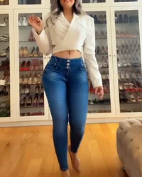 Pantalones vaqueros ajustados de cintura alta para mujer, Jeans de cadera con forma elástica, pantalones largos de cadera de melocotón y miel, nuevos