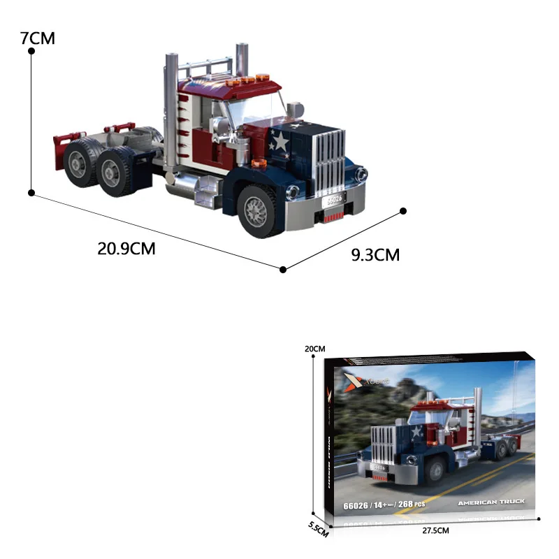 Amerikaanse heavy-duty vrachtwagenkop, houten vrachtwagenbox, aanhangerkop, bouwsteenmodel, montage, speelgoed, verjaardagscadeau voor jongens