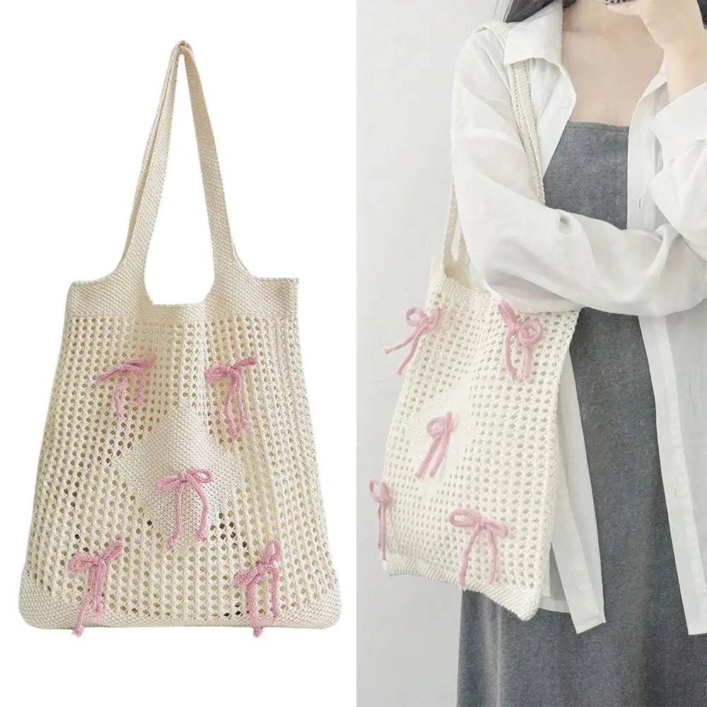 جديد Bowknot الكروشيه حمل حقيبة الصيف الشاطئ شبكة كبيرة محبوك حقيبة حقائب اليد متماسكة للنساء #1