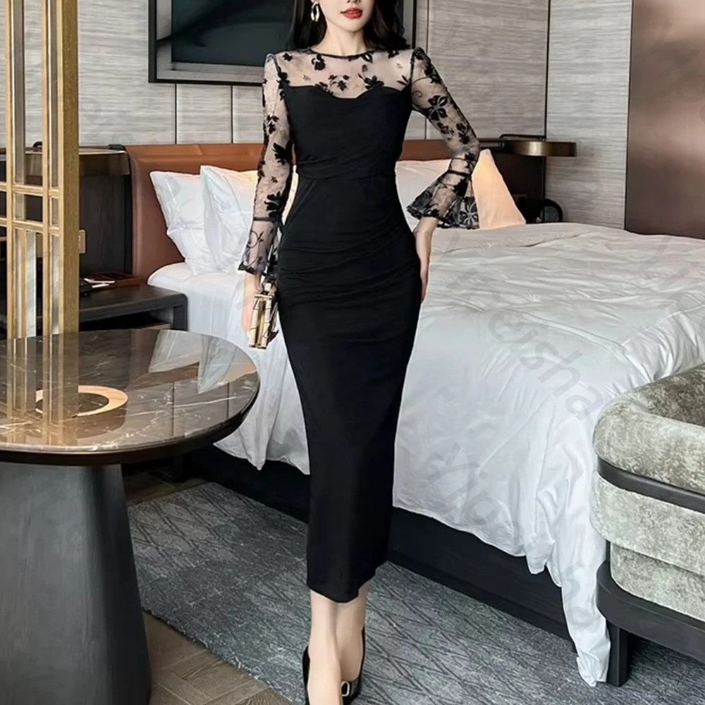 

Elegant O-Neck Long Sleeves Evening Dresses Sexy Pleat Celebrity Dress Exquisite High Quality Prom Party Gowns Women Customized