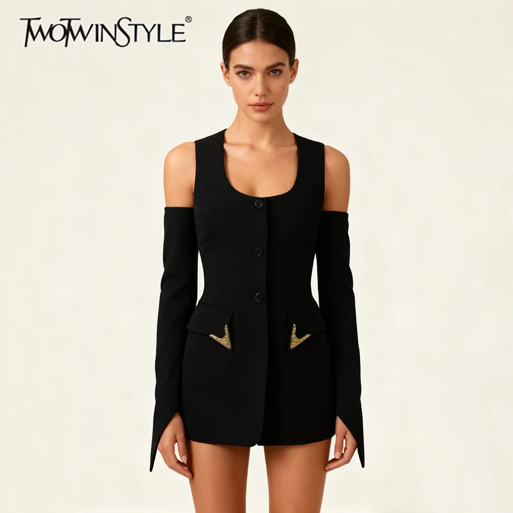 TWOTWINSTYLE Solido Dimagrante Impiombato Con Paillettes Moda Giubbotti per Le Donne Collo Quadrato Off Spalle Maniche Tunica Giacca Femminile Nuovo