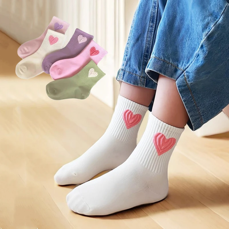 5Pairs/set Children's Socks For Girls Spring Autumn Big Love Print Kids Girls Student Sport Socks Fashion Teenage Child Sock New