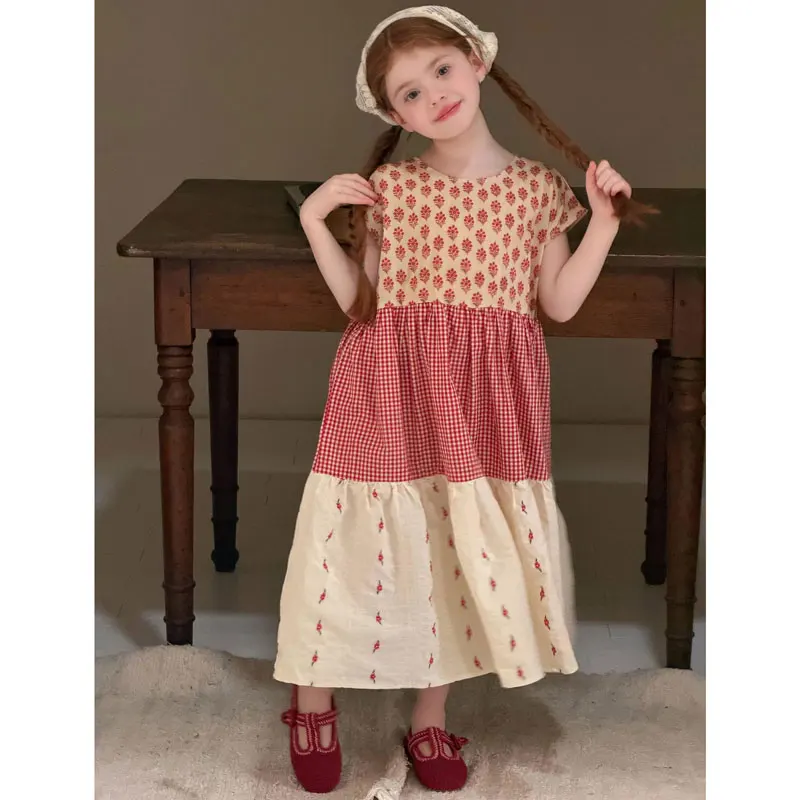 Girls Cotton Tiered Dress 2026 Summer Floral Print Casual Loose A-line Short Sleeve Dresses for Kids Teenager Costume 3-10Y