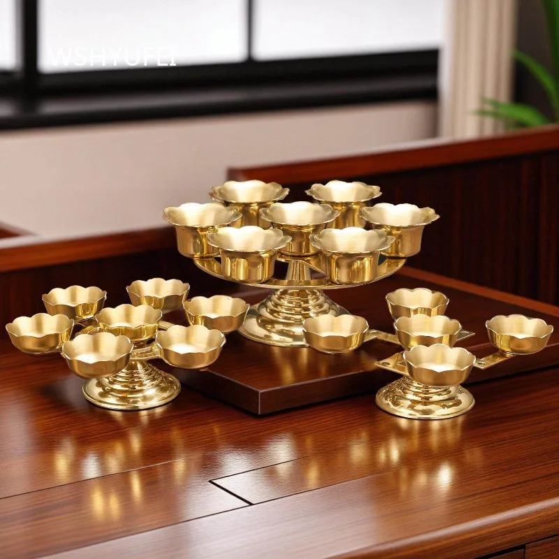 Tibetan Style Copper 7 Star Lotus Lamp Holder Multi Wick Oil Lamp Stand Candle Holders for Buddhist Altar and Home Decor