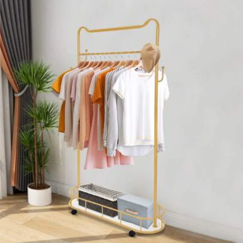 Freestanding Carbon Steel Cat Ear Coat Rack with Cactus Shaped Hooks and Bottom Storage Basket, 4 Universal Casters including 2 Brake Wheels for Easy Mobility, Max 66.14 Lbs Rod Load and 44.09 Lbs Basket Load, Cute Garment Organizer with Hanging Rail for