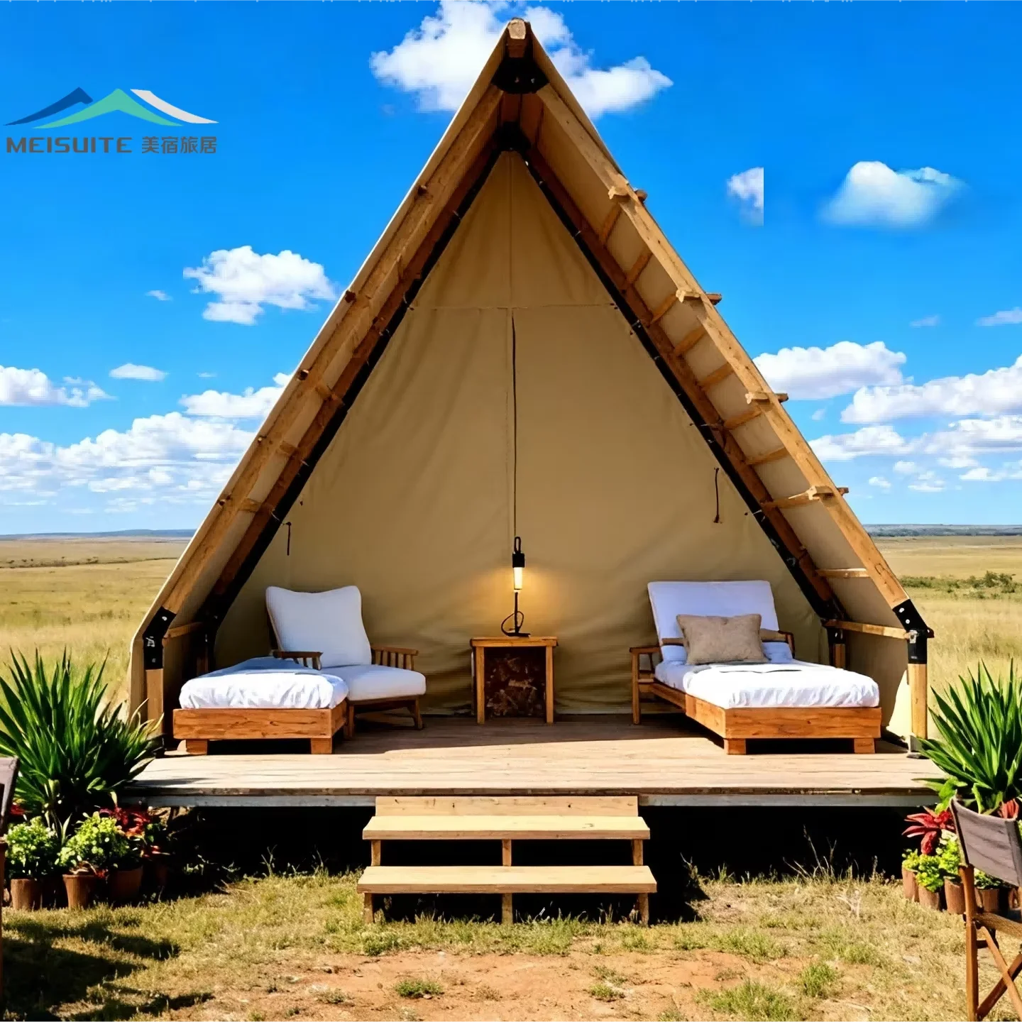 Wooden Style Double Layer Safari Glamping Tent Home Luxury Canvas With Bathroom Four-Season Waterproof Plywood Frame