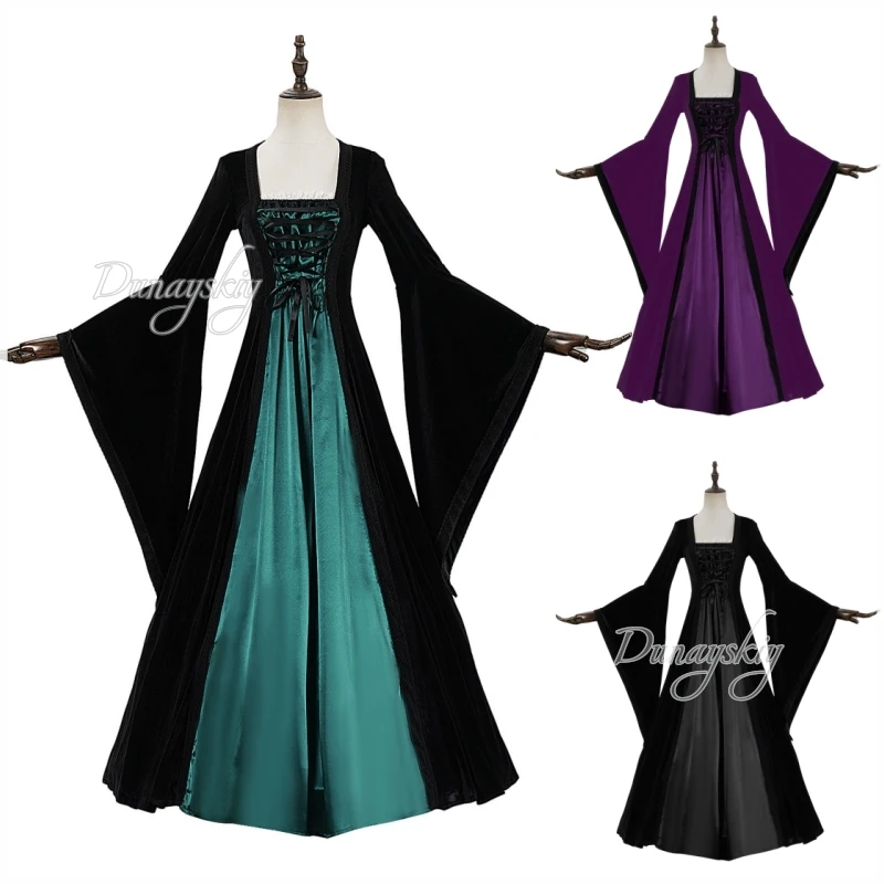 Renaissance Mittelalterliches Samtkleid Theaterkostüm Quadratischer Ausschnitt & Schnürkorsett Bühnenkostüm mit Brosche