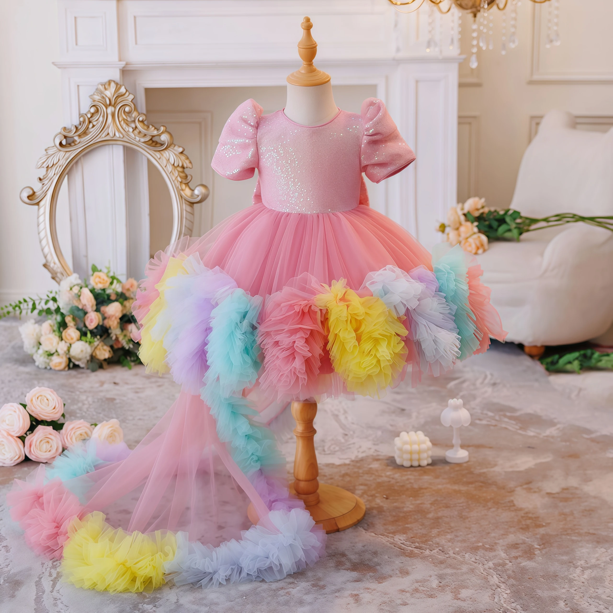 Flower Kids Girls Sequins Rainbow Ruffles Trailing Princess Dress For Children Wedding Birthday Evening Party Pageant Vestidos