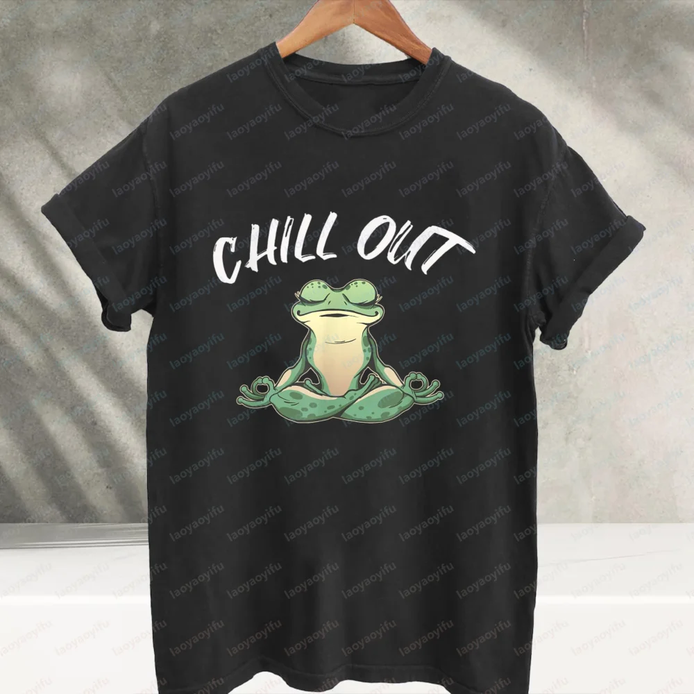 Chill Out Meditating Yoga Frog Graphic T‑Shirt Funny Relax Animal Slogan Print Short Sleeve Cotton Casual Loose Streetwear Tees