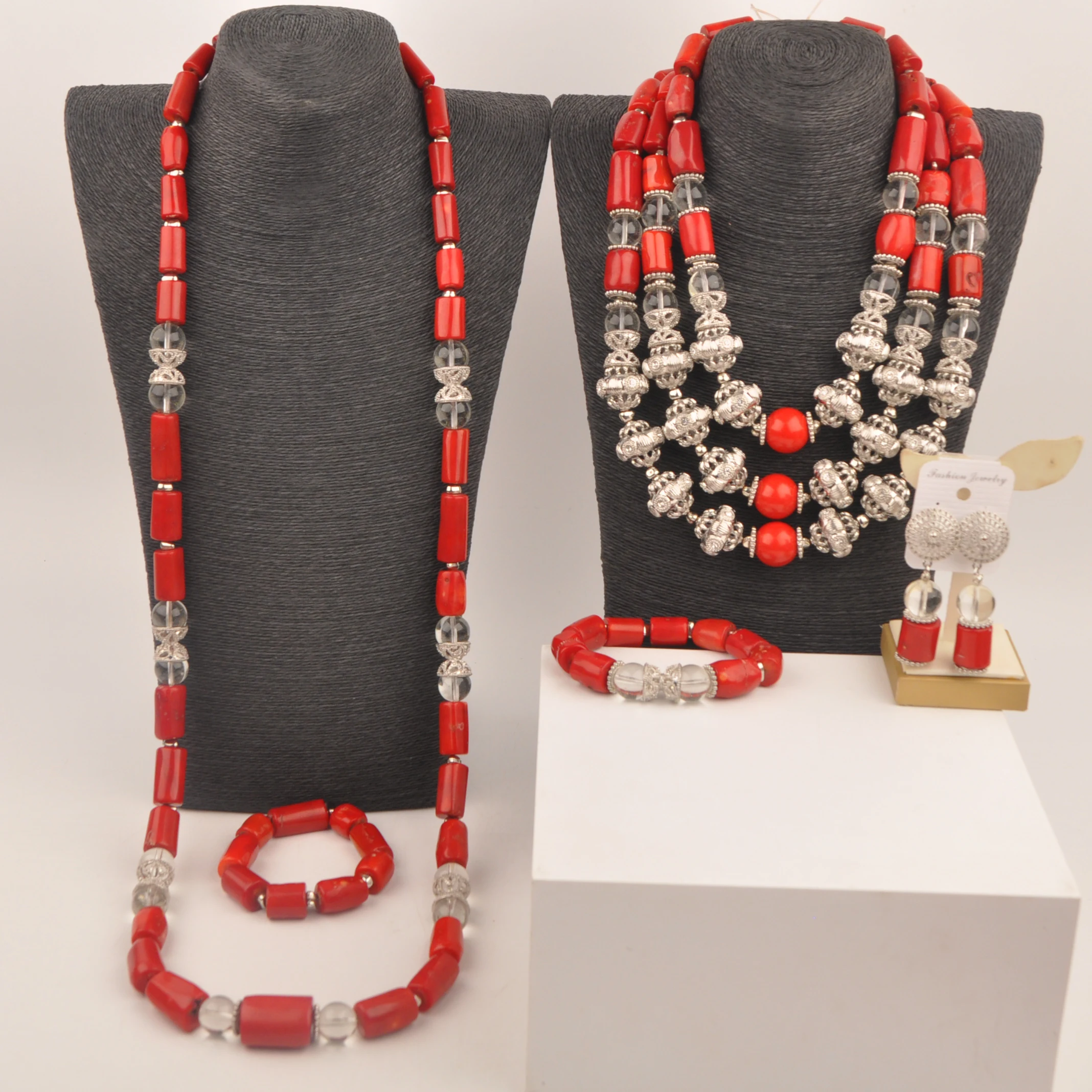 

African Beads Set Jewelry Red Nigerian Wedding Coral Necklace Couple Jewelry Sets