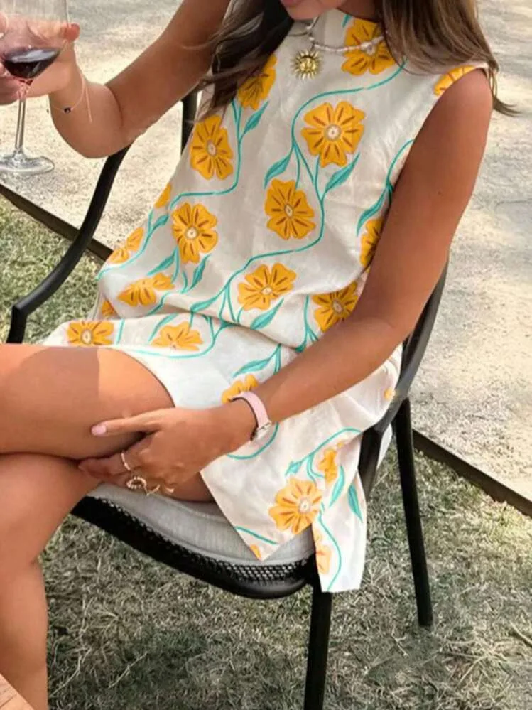 Damska mini sukienka na wakacje na plaży, modna sukienka bez rękawów z kwiatowym nadrukiem, okrągły dekolt, luźna sukienka na lato 2025 w nowym stylu