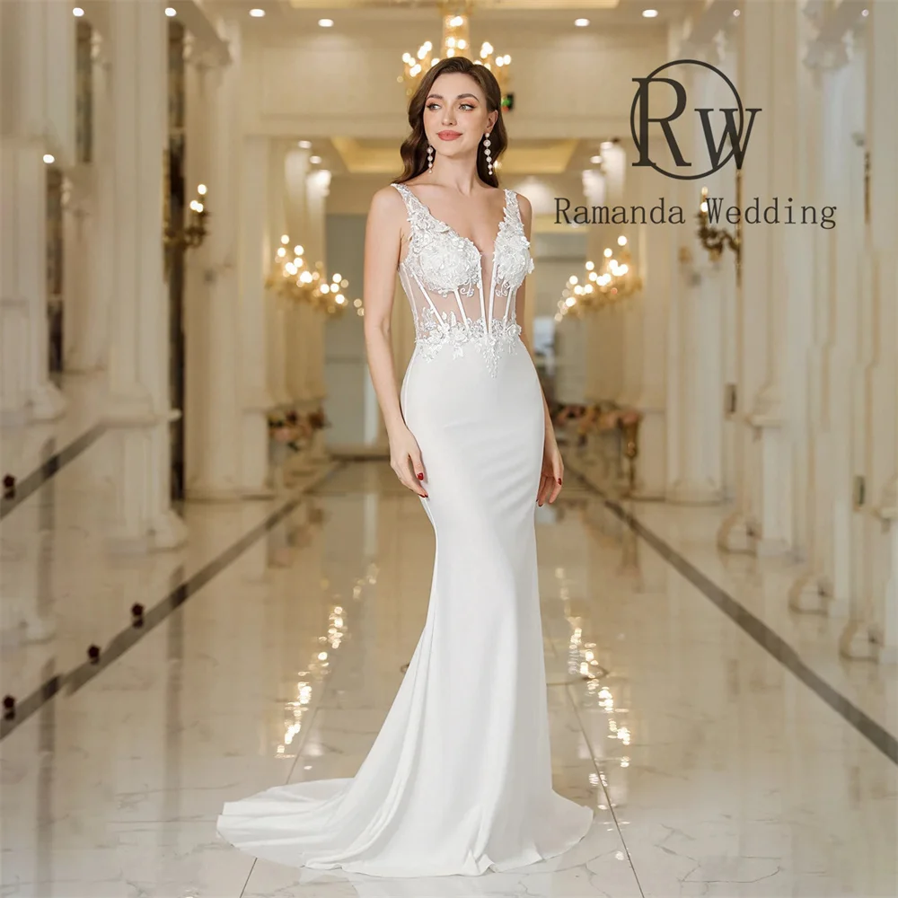 

Ramanda Lace Mermaid Wedding Dresses Sweep Train 2025 Appliques Zipper Sleeveless V-Neck Spagetti Strap De Mariée Customized