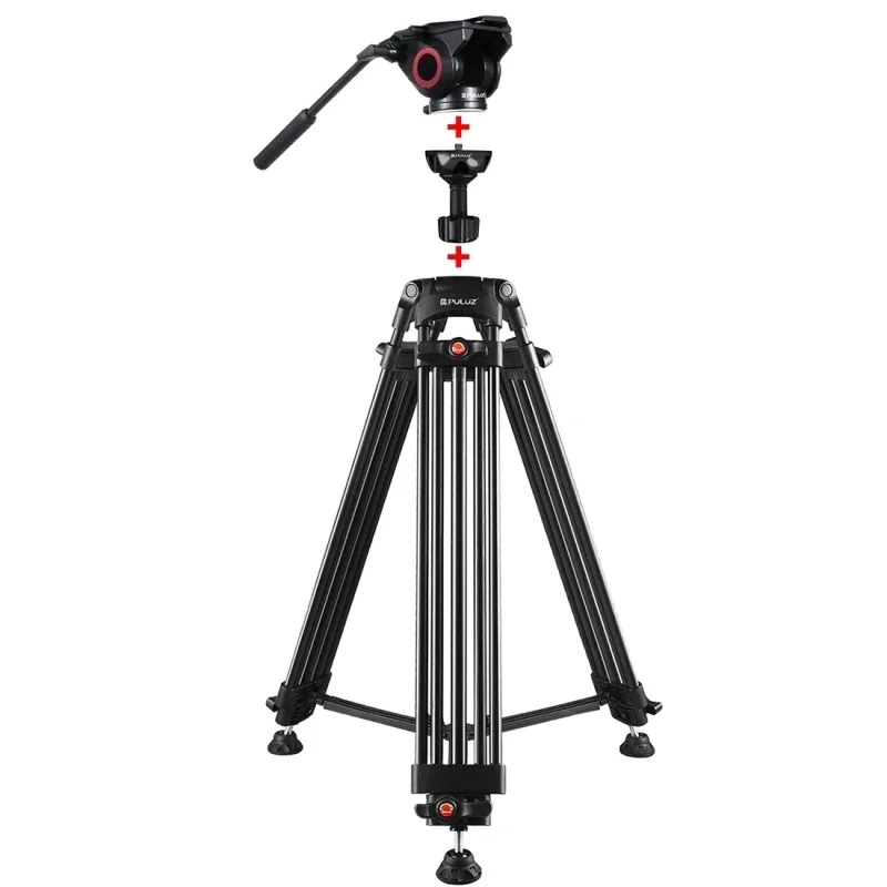 PULUZ Tripod + Bowl Adapter + Black Fluid Drag Head Professional Heavy Duty Video Camcorder Aluminum Alloy Tripod Mount