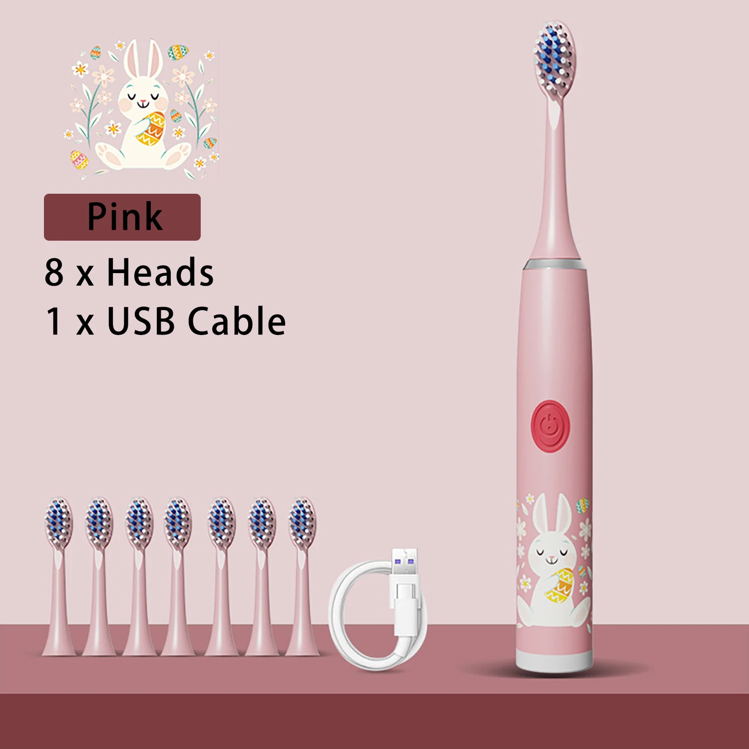 

Hicare Children's Electric Toothbrush, Soft Bristled Brush, Waterproof Toothbrush, USB Charging, With 8 Brush Heads, Pink