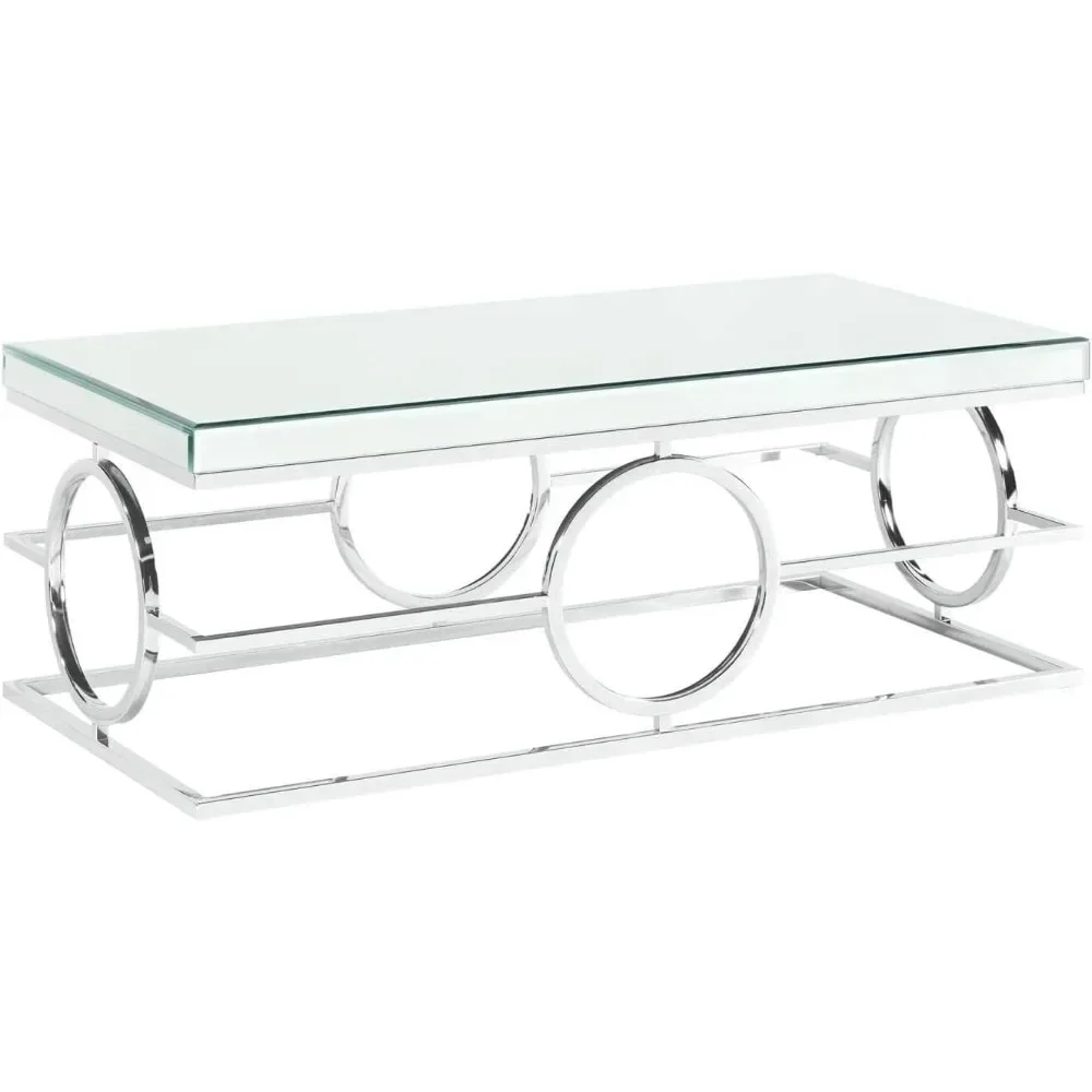 Rectangle Mirrored Coffee Table - 27 x 52 x 7 with Circle Designs, Mirror Top and Sides with Metal Frame in Chrome Finish