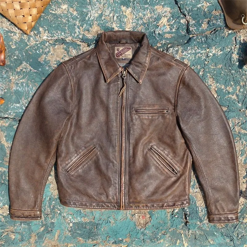 Quality Men's Genuine Leather Jacket | Brown Distressed Finish | Thick Cowhide Rider Jacket | Italian Design Classic Workwear