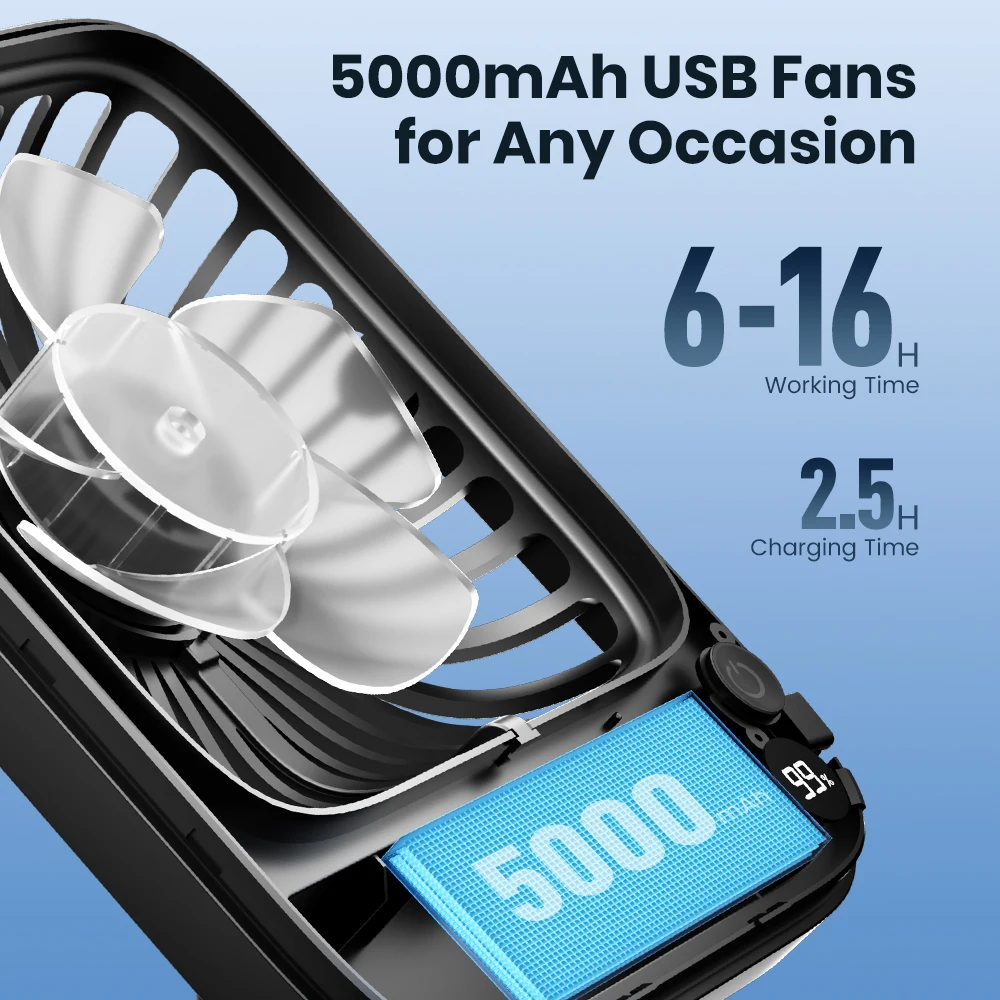 مروحة مكتب محمولة بقدرة 5000 مللي أمبير في الساعة مكونة من قطعتين مروحة شخصية تعمل ببطارية قابلة لإعادة الشحن، هادئة 180 °   مروحة طاولة صغيرة قابلة للطي 4 سرعات للرياح
