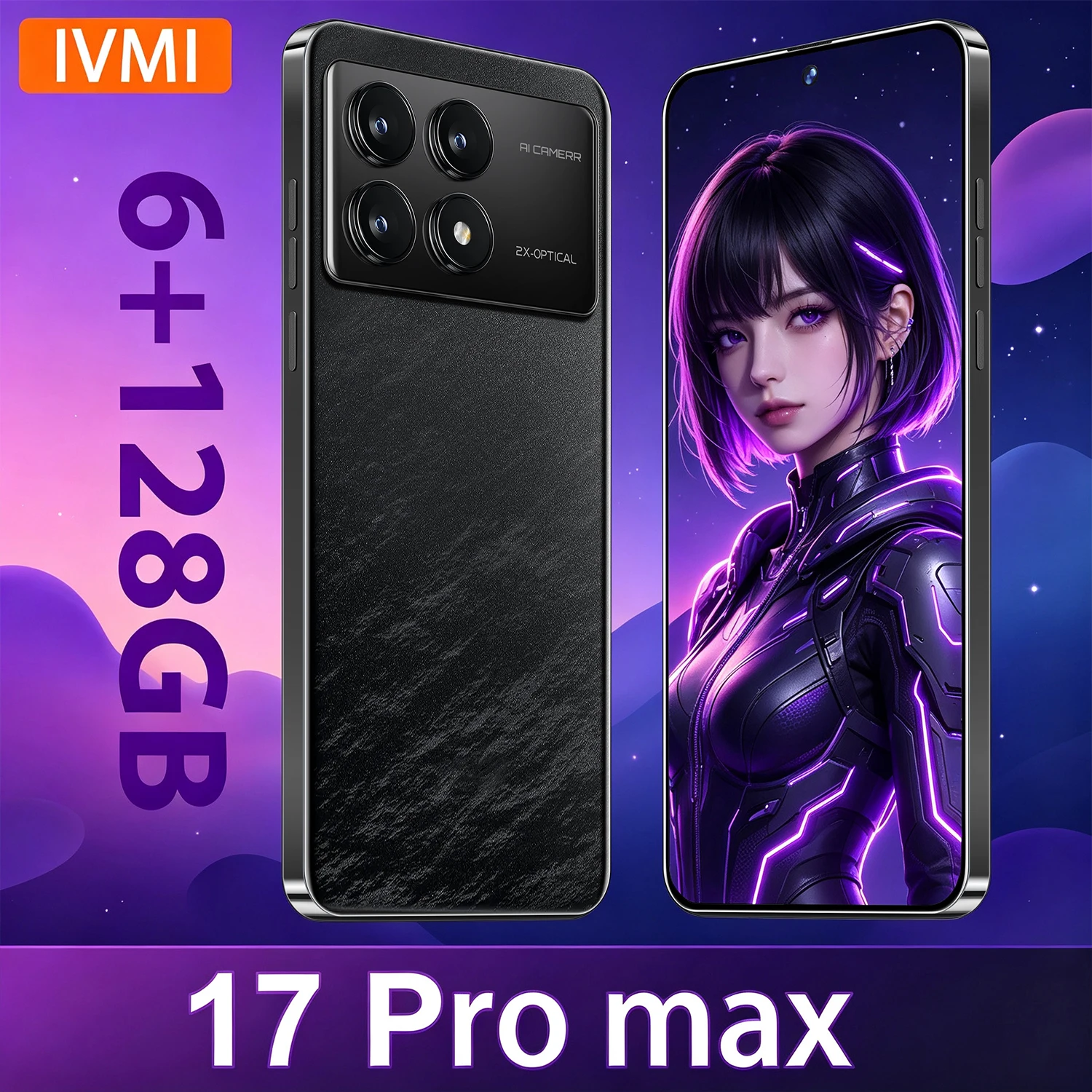 هاتف IVMI 17Pro Max الذكي، هواتف محمولة رخيصة، 6 جيجابايت + 128 جيجابايت، نظام أندرويد، هاتف خلوي 4G، خاصية التعرف على الوجه، شريحتي اتصال، غير مقفل، إصدار عالمي