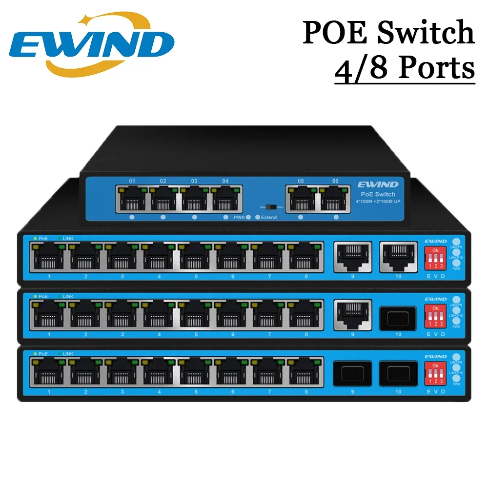 Przełącznik POE EWIND 4/8 porty 10/100/1000Mbps włącznik Ethernet obsługiwać samonaprawianie się portu i Watchdog dla kamery IP, do domu NVR