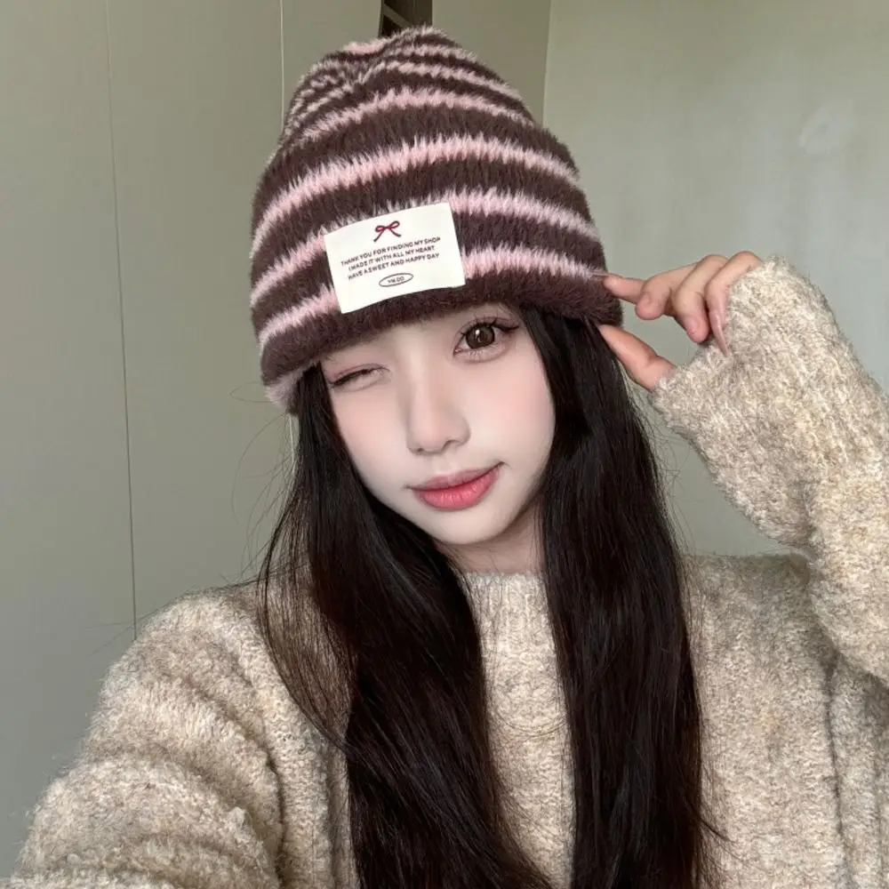 Stylish Polyester Knitted Beanie Hat Casual Daily Earflap Ear Protection Beanie Striped Beanie Student