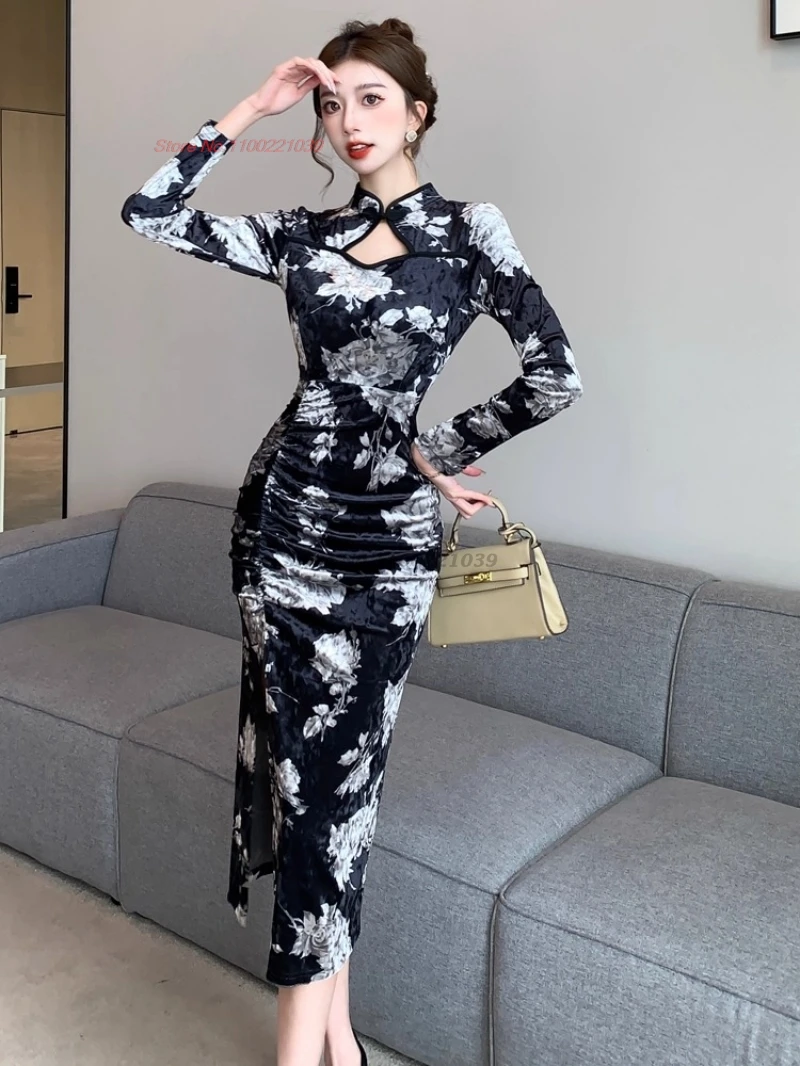 

Китайское сексуальное платье 2021, бархатное Ципао с цветочным принтом, ретро банкетное вечернее платье, традиционное сексуальное платье для ночного клуба, платье Cheongsam