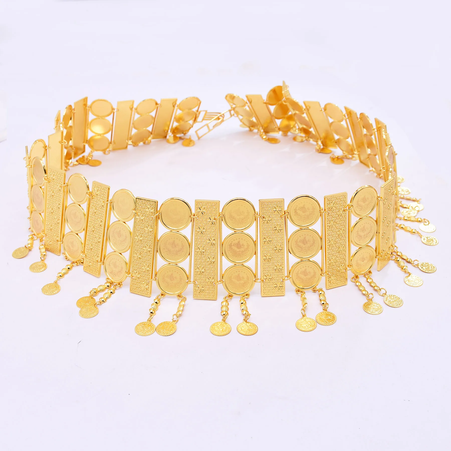 3-Row Wide Coin Tassel Belt Body Chain Luxury Gold Plated Indian Arab Kurdish Bride Wedding Belt Body Jewelry for Festival Party
