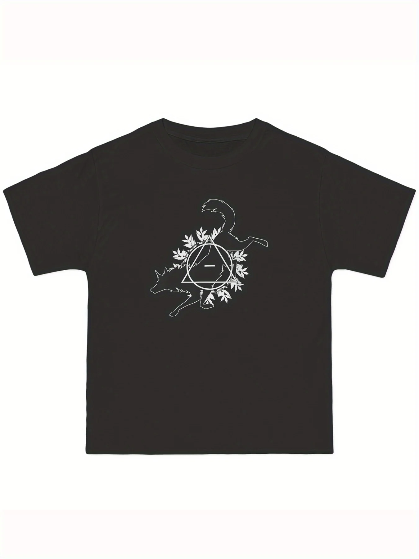 

Caeck Breathable Shirt Men'ssual Round N Casual Black Cotton T-Shirt with Intricate Animal&Plant Design-Short Sleeve, Round Neck