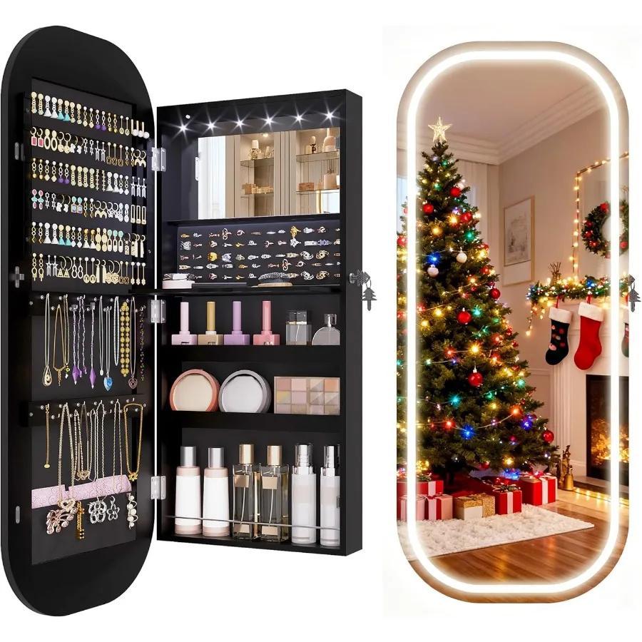 

LED Mirror Jewelry Cabinet Wall/Door Mount Jewelry Mirror Organizer Rounded Full Length Mirror with Storage Lockable Jewelry Ar