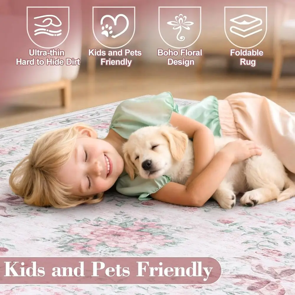 8x10 Light Pink Floral Bow Rug, Washable Soft Boho Style for Girls' Bedroom, Kids' Room, and Nursery