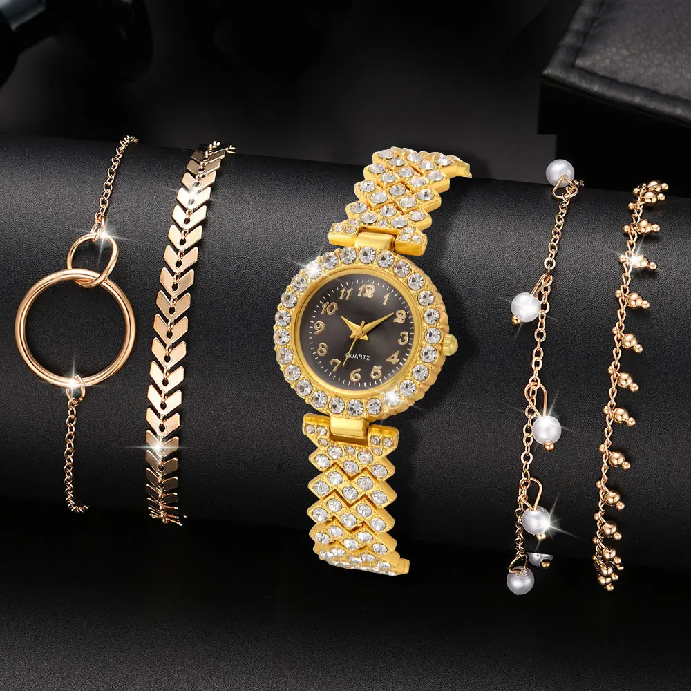 Women's Fashion Quartz Watch with Gold Bracelet Women's Leisure Fashion Round Simple Watch Dainty Wheat Jewelry Set