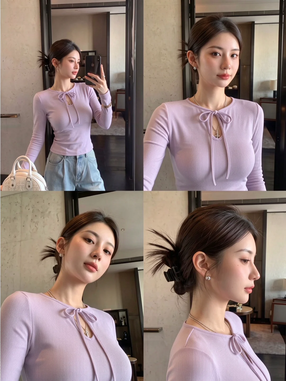 Elegant Korean Style Long Sleeve T-Shirt Women's Autumn Purple A-Line Elastic Waist Slimming Short Top Hollow out Belted