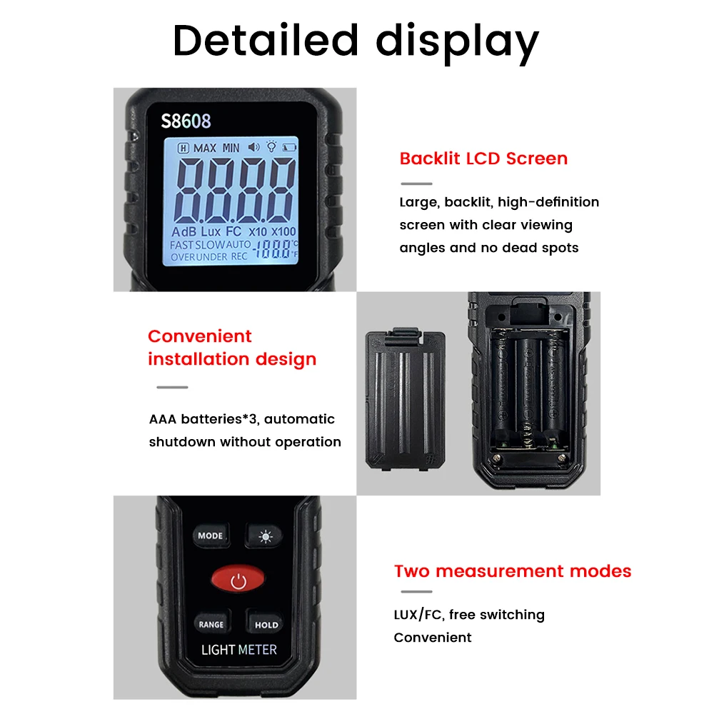 S8608 200000LUX lumeter Digital Display Illuminance Light Meter Lighting Intensity Brightness Measurement Tool