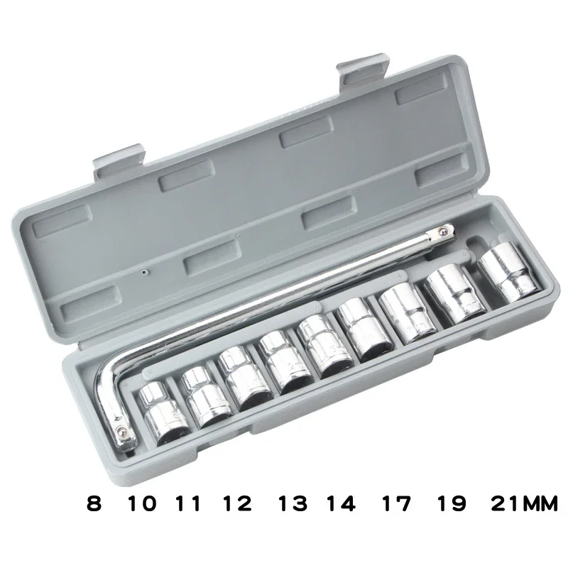 10 In 1 Socket Wrench Combination L-Shaped Ratchet Wrench Hex Set With Plastic Box Car Motorcycle Repair Tool 8-21mm Sleeve Head