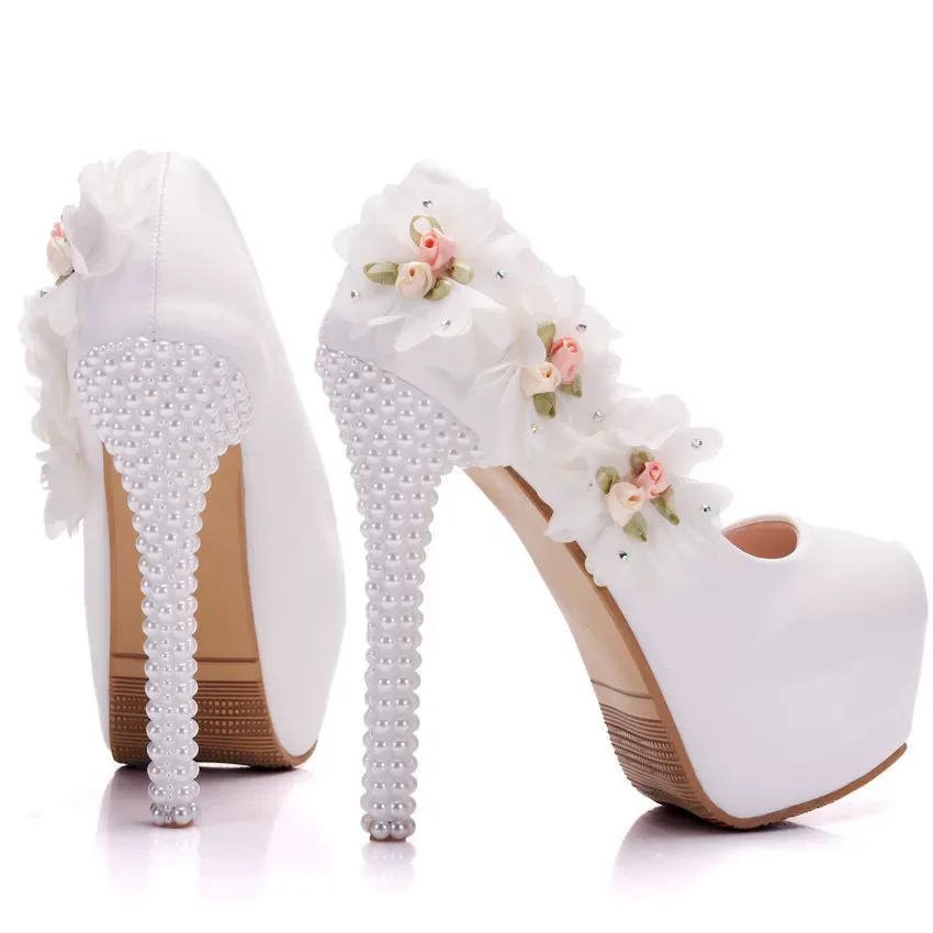 Spring new round-headed rhinestone lace flower waterproof table wedding shoes banquet large size pearl sthigh-heeled women shoes