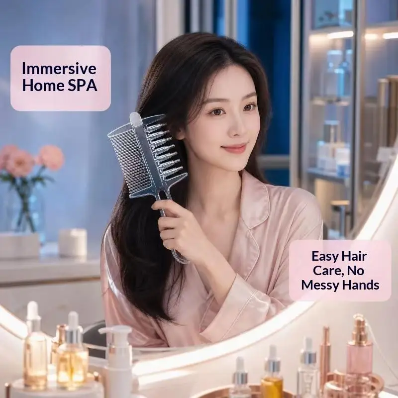 2-in-1 Function Essential Oil Applicator Comb Built-In Liquid Reservoir Transparen Scalp Massage Comb Rolling Metal Teeth