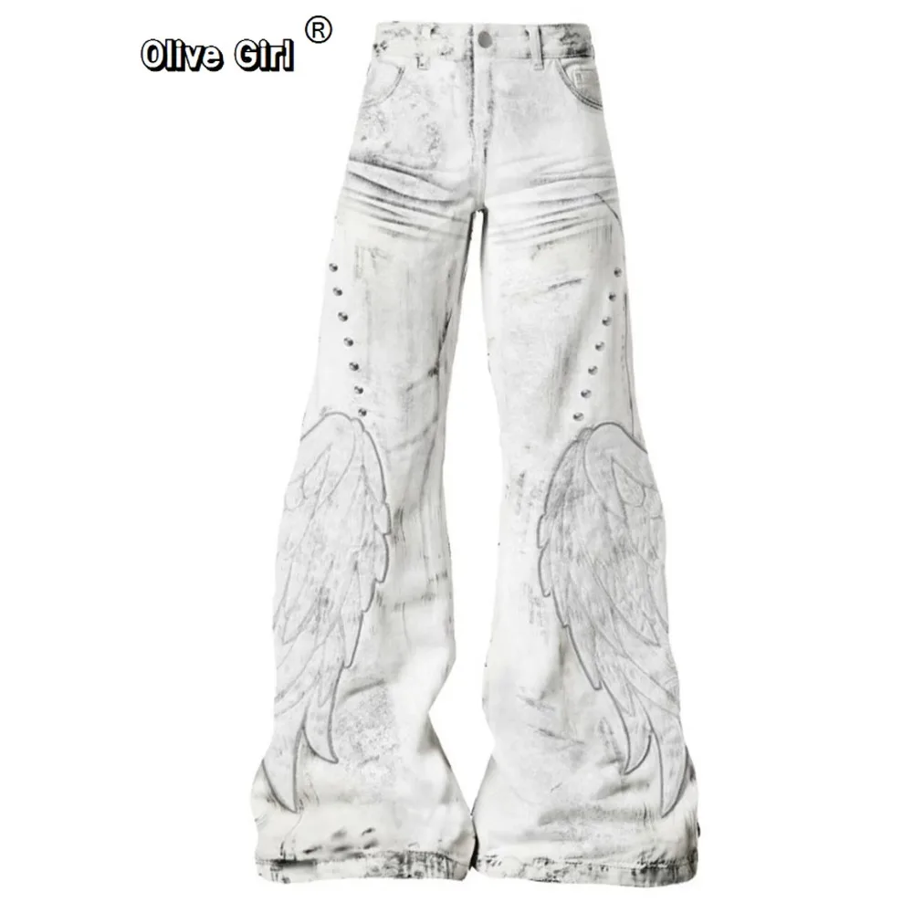 Olivegirl Women's Jean Denim Goblin Core Print  Baggy Pants Abi Y2K Japanese Harajuku 2000s Wide American Retro Hip-pop New