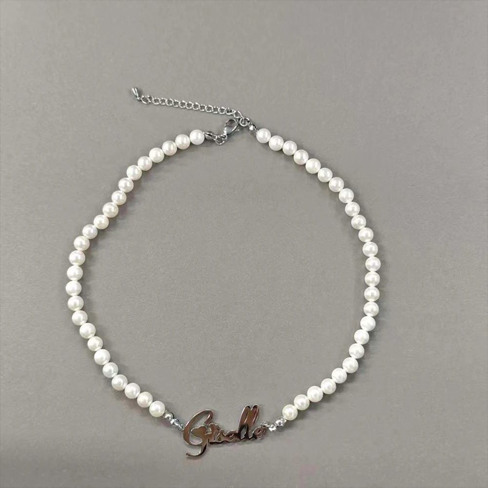 

Uwin 6mm 14 Inches Imitation Pearls DIY Name Choker for Women Customized Stainless Steel Name Necklaces Fashion Jewelry for Gift