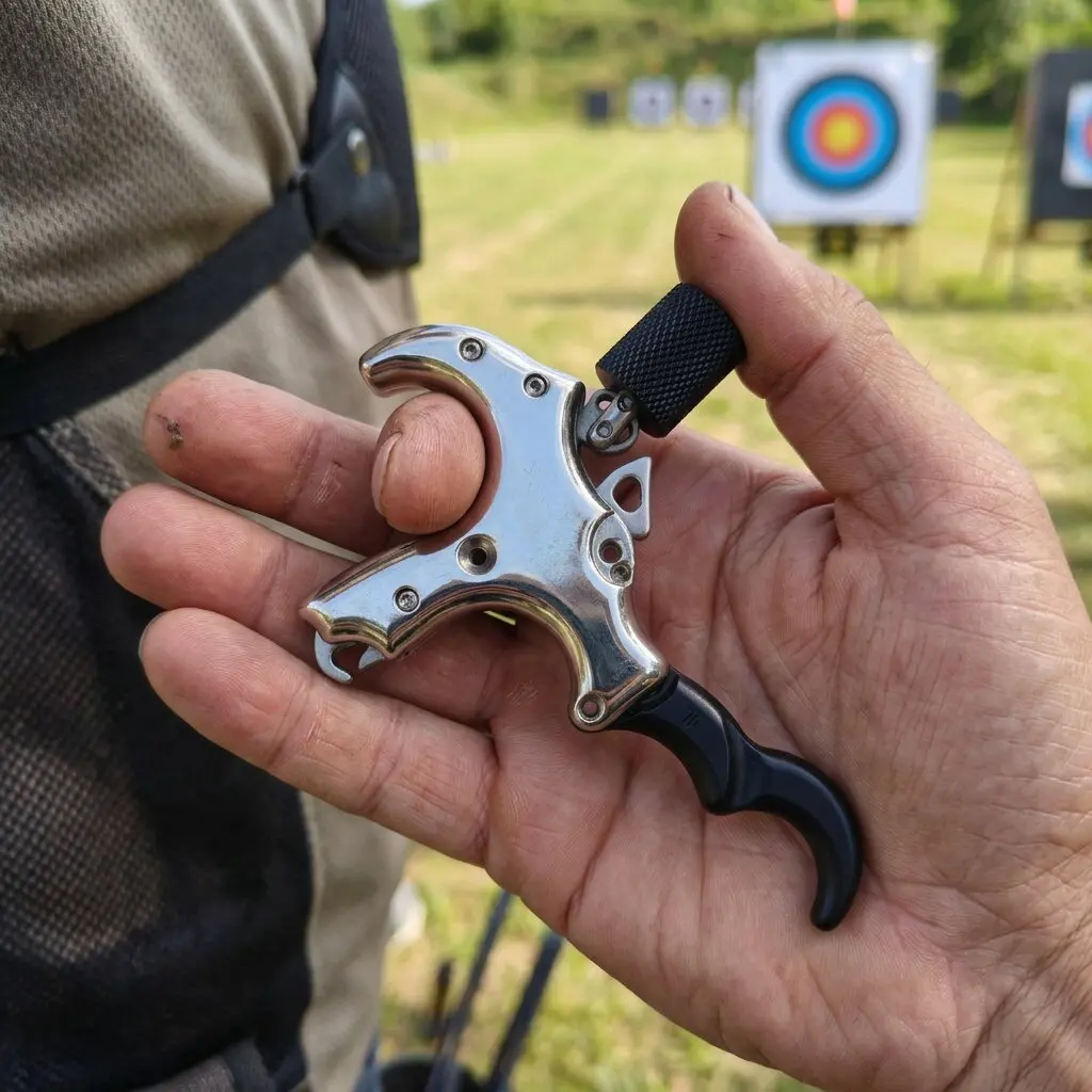 3/4 Finger Archery Release Aid Silver Copper Alloy, Adjustable Thumb Trigger Bow Release with Rotatable Finger Rest