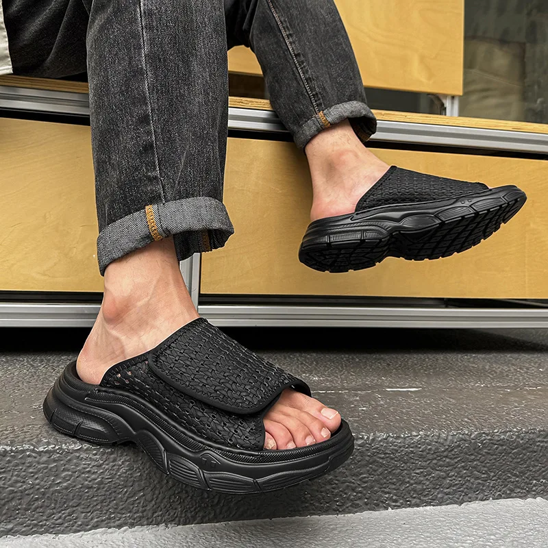 خمر نمط الرجال الصنادل الترفيه المشي الذكور الانزلاق على النعال القش النسيج الصيف المفتوحة تو أحذية الشاطئ الشقق عادية